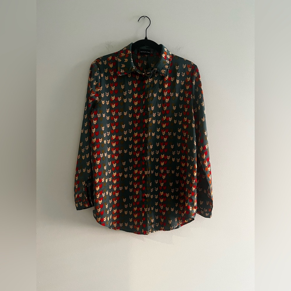PrettyLittleThing Print Button Down Blouse Green Long Sleeve Top Size 4